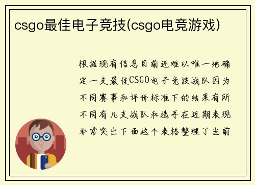 csgo最佳电子竞技(csgo电竞游戏)